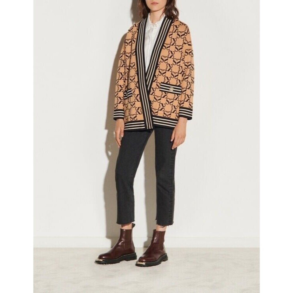 SANDRO Ron Brown Black Reversible Oversized Jacquard Logo Cardigan - 1 (Small) - Picture 3 of 5